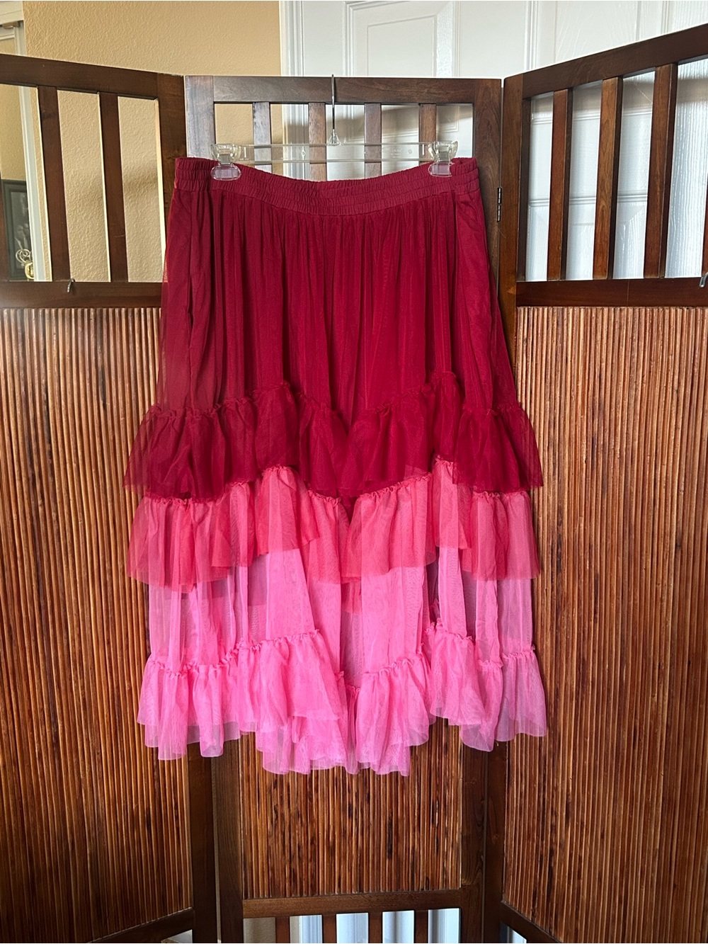 A-line skirt with ruffle tiers in burgundy and pink with elastic waist band. - Picture 9 of 12